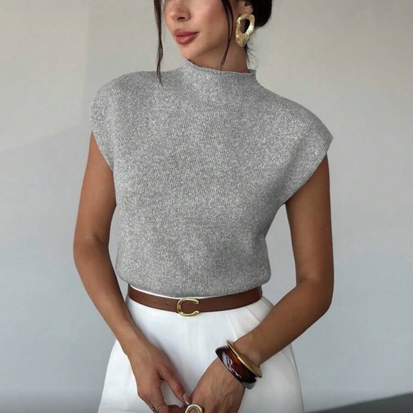 Stylish Gray High Neck Sleeveless Sweater Top